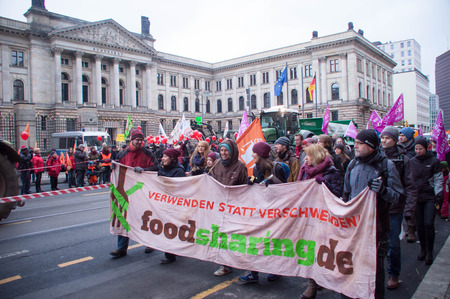 BERLIN, GERMANY - JANUARY 16: Demonstration "Wir haben es satt!" against the agricultural industry on January 16, 2016 in Berlin, Germanyのeditorial素材