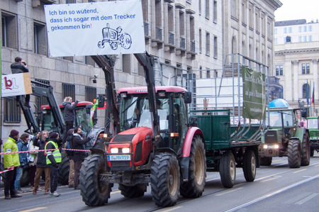 BERLIN, GERMANY - JANUARY 16: Demonstration "Wir haben es satt!" against the agricultural industry on January 16, 2016 in Berlin, Germanyのeditorial素材