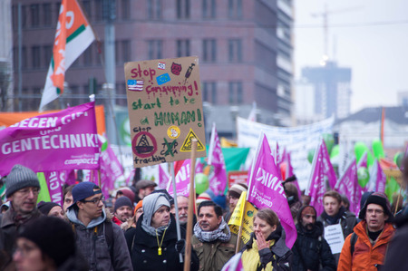 BERLIN, GERMANY - JANUARY 16: Demonstration "Wir haben es satt!" against the agricultural industry on January 16, 2016 in Berlin, Germanyのeditorial素材