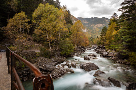 Crossing a river by a bridge in the Ordesa national parkのeditorial素材