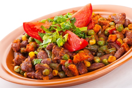 Traditional mexican chili with kidney beans and tomato on white backgroundの写真素材