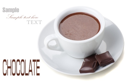 Hot Chocolate in white cups with Chocolate bar over white backgroundの写真素材