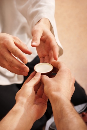 Chinese tea ceremony is perfomed by tea master in kimonoの写真素材