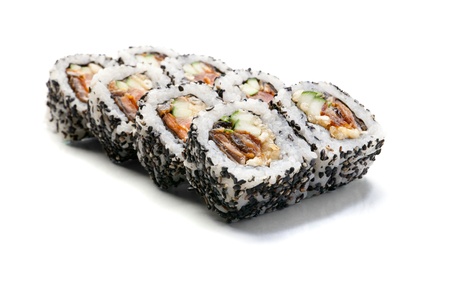 Black California sushi rolls isolated on white backgroundの写真素材