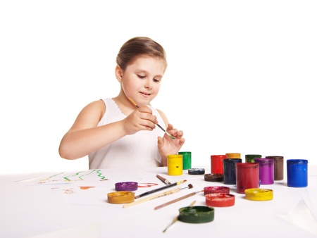 little girl with paint over white backgroundの写真素材