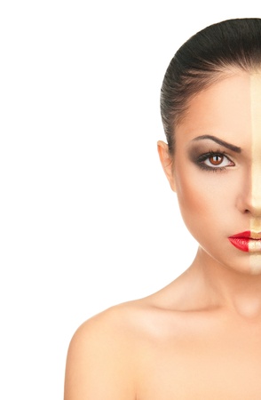 Beautiful Girl s Face Creative christmas Makeup over white backgroundの写真素材