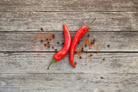 Red hot chili peppers on wooden backgroundの写真素材