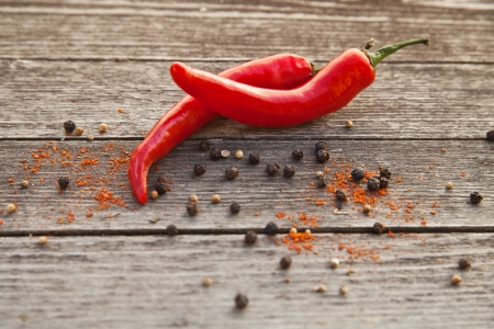 Red hot chili peppers on wooden backgroundの写真素材