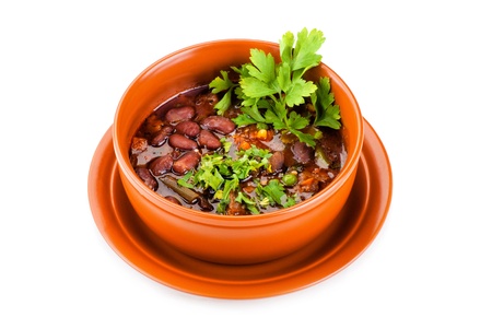 A bowl of chili kidney bean soup with meatの写真素材