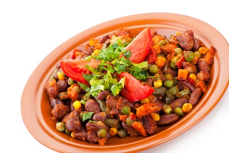 Traditional mexican chili with kidney beans and tomato on white backgroundの写真素材