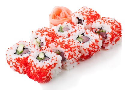 Red California sushi rolls on white background isolatedの写真素材