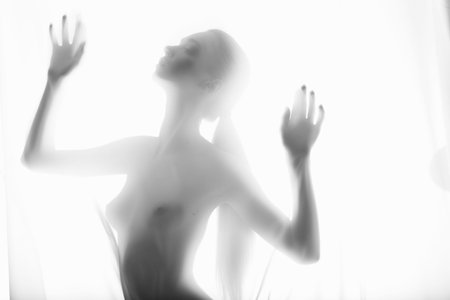 The body of a beautiful naked woman through the transparent fabric on a light backgroundの写真素材