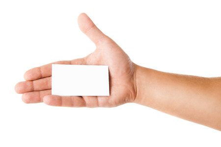 Business card in man's hand on white backgroundの写真素材