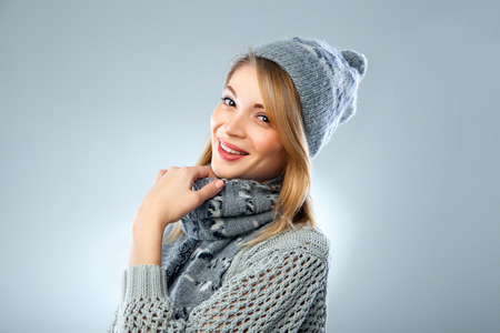 christmas girl, young beautiful smiling over blue backgroundの写真素材