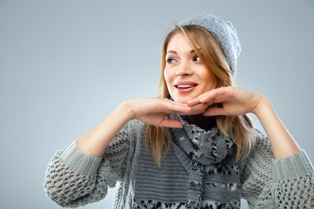 christmas girl, young beautiful smiling over blue backgroundの写真素材