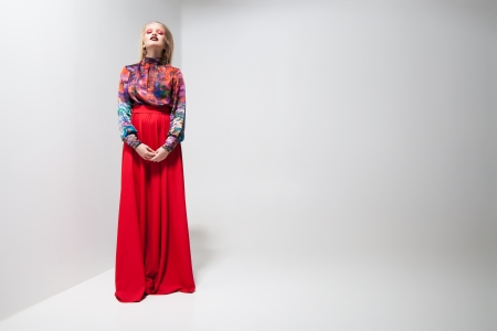 Fashion of young magnificent woman in red dress. の写真素材