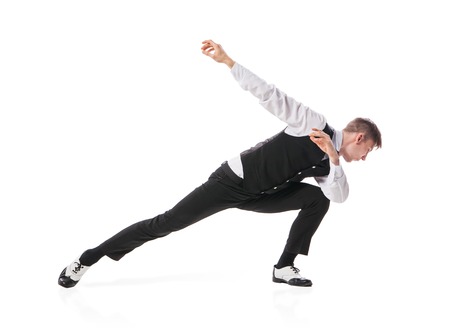 modern style dancer dancing isolated on studio white backgroundの写真素材