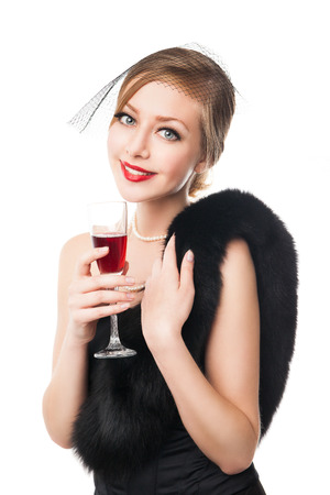 Portrait of beautiful woman with glass red wine  Retro style  Isolatedの写真素材
