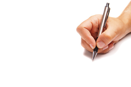 Hand holding pen isolated on white backgroundの写真素材