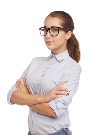 Cute young business woman with glasses isolated over white backgroundの写真素材