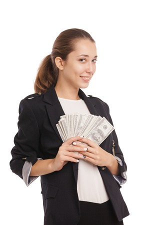 business and money concept. Young businesswoman with dollar cash moneyの写真素材