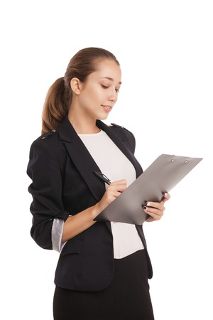 Portrait of smiling business woman with paper folder, isolated on white backgroundの写真素材