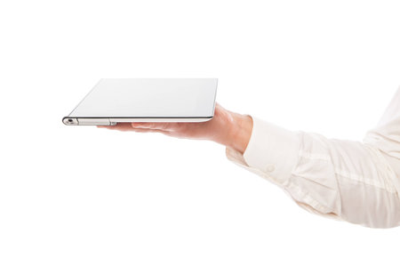 Isolated of male hand holding a touchpad pc - tabletの写真素材