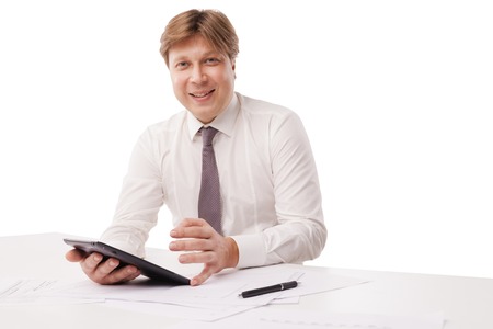 Handsome smiling man with tablet computer. Isolated over white backgroundの写真素材