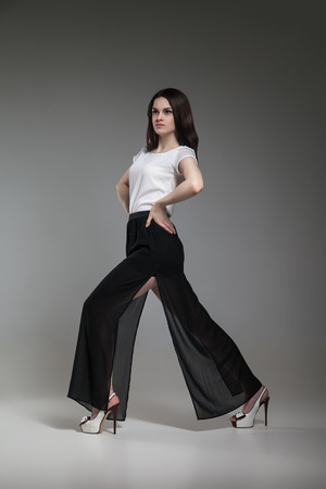 Beautiful model in white blouse and black skirt posing on grey backgroundの写真素材
