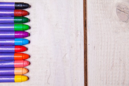Set of wax crayons on wood tableの写真素材