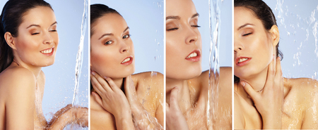 Set of young woman enjoy shower on blue backgroundの写真素材