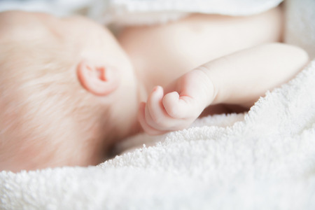 Sleeping newborn baby covered with white blanket. Rear-side view.Close-upの写真素材