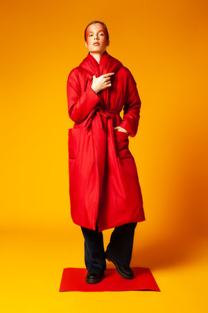 Female model in trendy red coat against yellow backgroundの写真素材