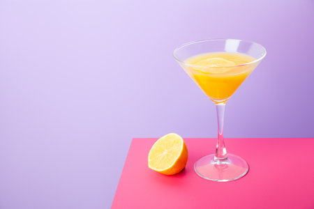 Refreshing yellow lemon cocktail in glass on tableの写真素材