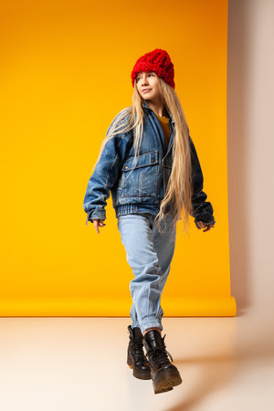 Trendy hipster woman in denim outfit and hatの写真素材