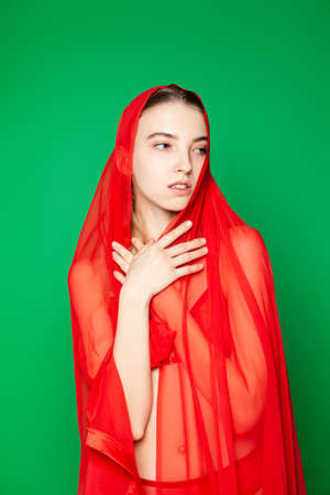 Sensual woman in red lingerie and capeの写真素材
