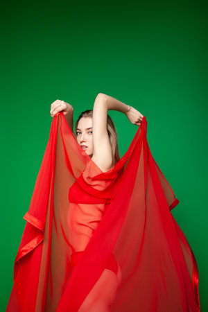 Sensual woman in red lingerie and capeの写真素材
