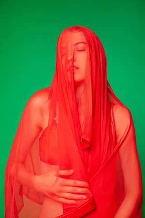 Dreamy woman under red veil against green backgroundの写真素材