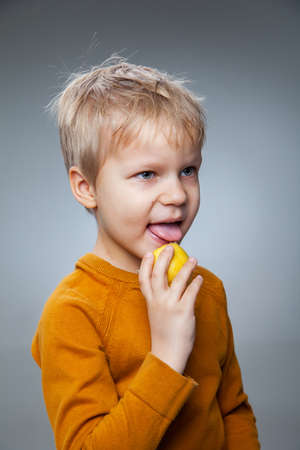 Happy child eating lemon in gray studioの写真素材
