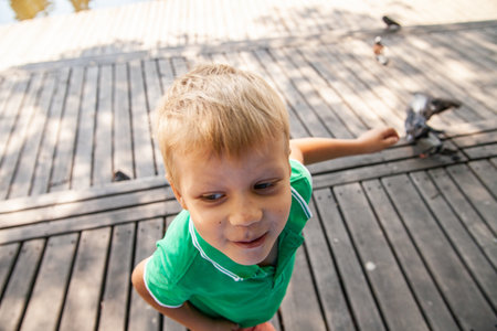 Happy child standing on wooden path near pigeonsの写真素材