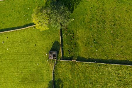 An aerial shot of a derelict barn light by spring sunshineの写真素材