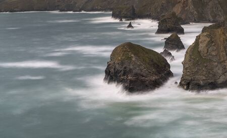 Carnewas and Bedruthan Steps is a stretch of coastline located on the north Cornish coast between Padstowの写真素材