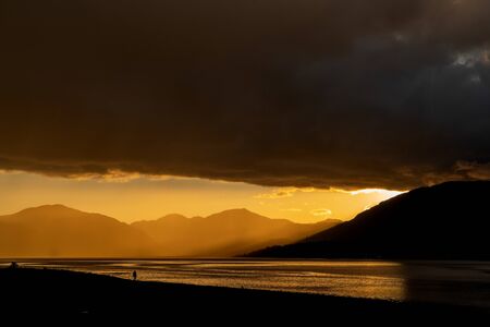 Drone footage of a stormy sunset over Loch Linnhe, from North Ballachulish, Fort William, Scotland.の写真素材