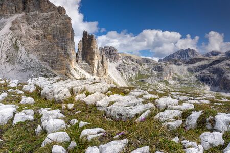 A view of the mountains that surround the site of Tre Cime di Lavaredo in the italian Dolomitesの写真素材