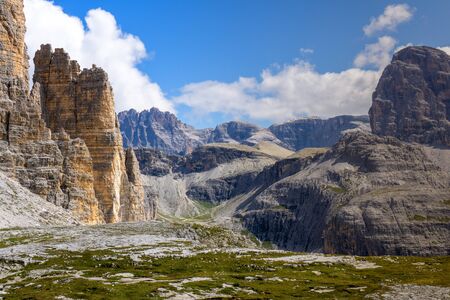 A view of the mountains that surround the site of Tre Cime di Lavaredo in the italian Dolomitesの写真素材
