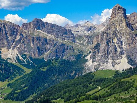 View of massiccio Sassongher in Val Badia from Corvara. Italian Dolomites, Europeの写真素材