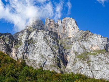 Summer landscape in Picos de Europa mountains, Cantabria, Spain. The jagged, deeply fissured Picos de Europa mountains straddle southeast Asturias.の写真素材