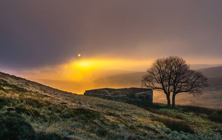 Sunrise of Top Withens or Top Withins, this farmhouse has been associated with `Wuthering Heights'.の写真素材