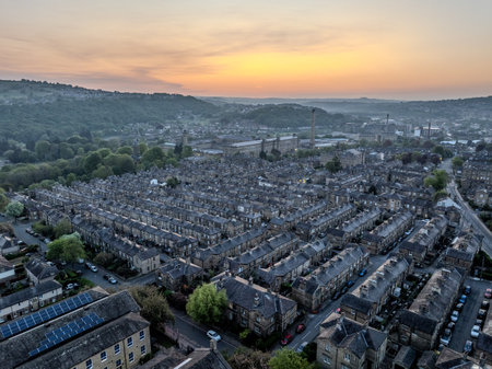 Aerial View of Saltaire Village at Sunrise in West Yorkshire, Englandの写真素材