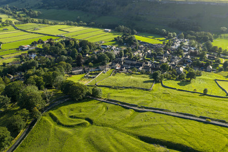 Drone aerial view of Kettlewell village in the Yorkshire Dales.の写真素材